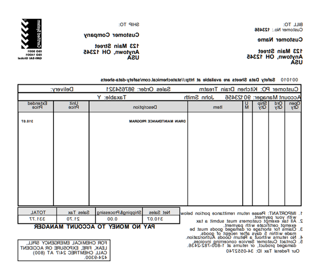  Image of a State Chemical invoice. The invoice includes: the customer's name and address, the customer's shipping address, the name of the State Chemical account manager, the  net sales price, the sales tax, and the total sales price.